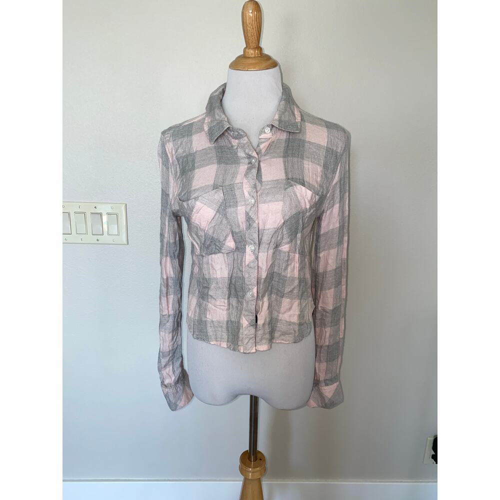 Rails Shirt Plaid Flannel Pink/White L/S Crop Blouse Soft Size XS